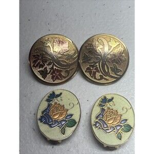 Vintage Cloisonne Enamel  Butterfly Clip Earrings Multi Colors/Gold Tone Etched